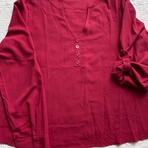 Red V-Neck Top with Button Detail and Roll-Up Sleeves